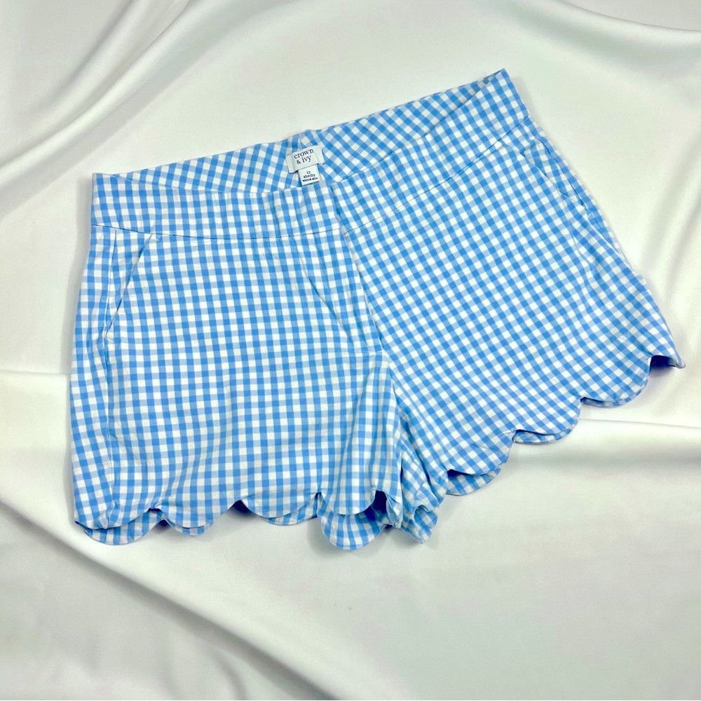 CROWN & IVY Shelby Blue and White Gingham Scalloped Hem Shorts Size 12